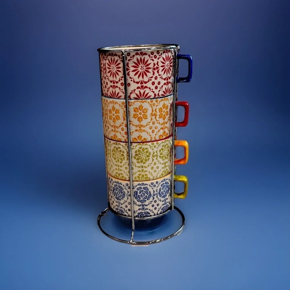Pier 1 Imports Hand-Painted Stoneware Stacking Mugs Set of 4 w/ Metal Stand